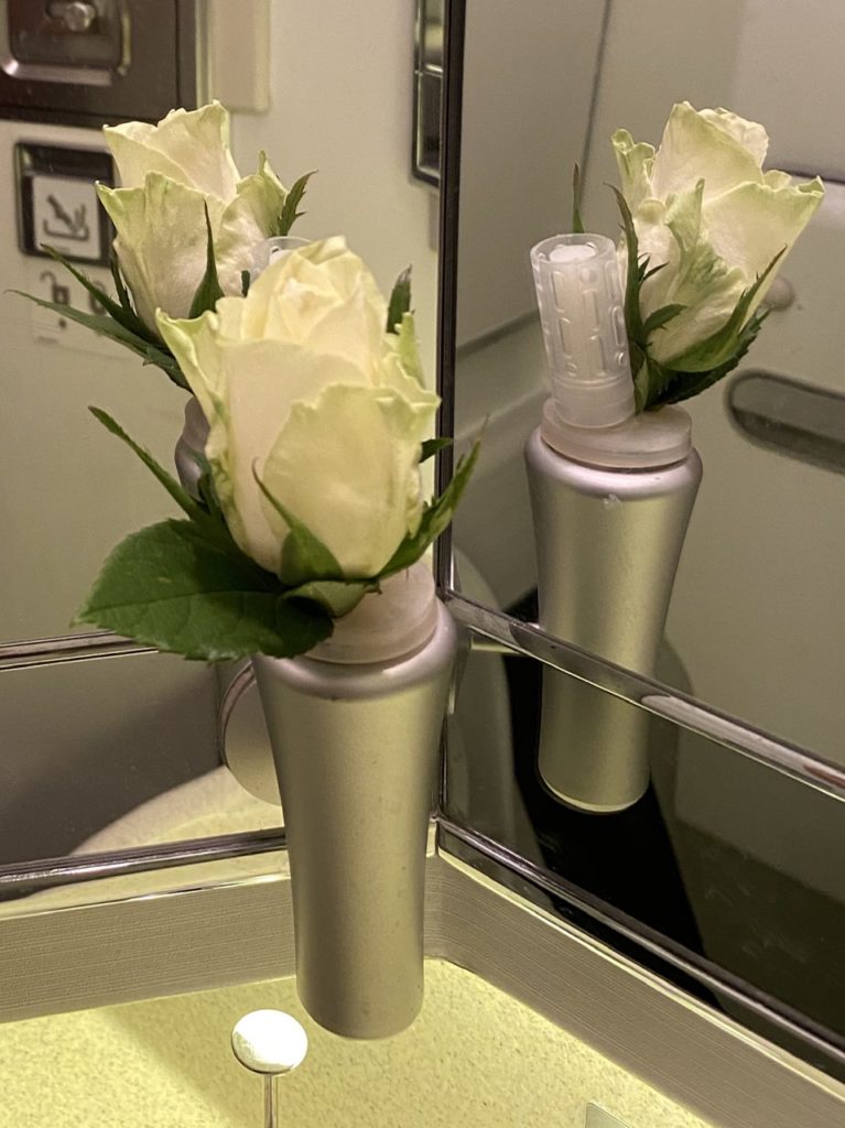 A fresh rose in the toilets on BA First