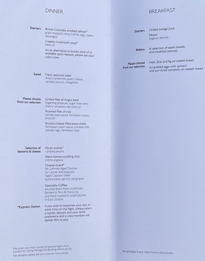 Food menu on BA 747 business class