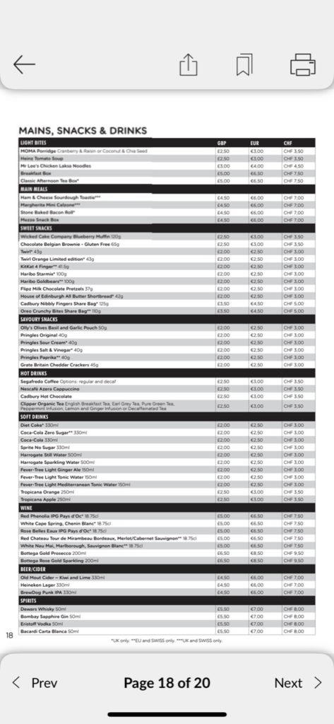 Easyjet catering price list