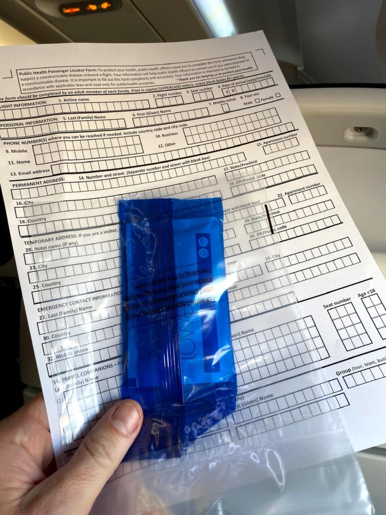 BA hygiene kit and passenger locator form