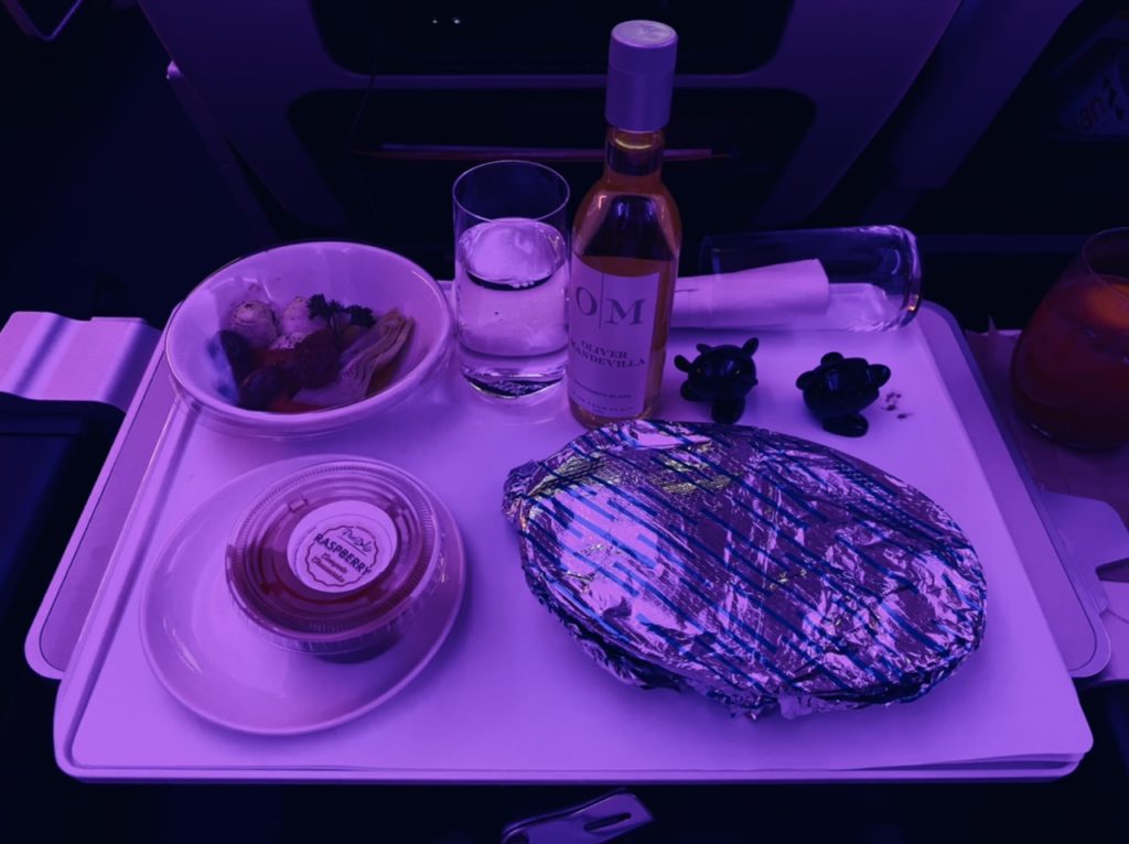 Dinner service on Virgin Atlantic premium economy