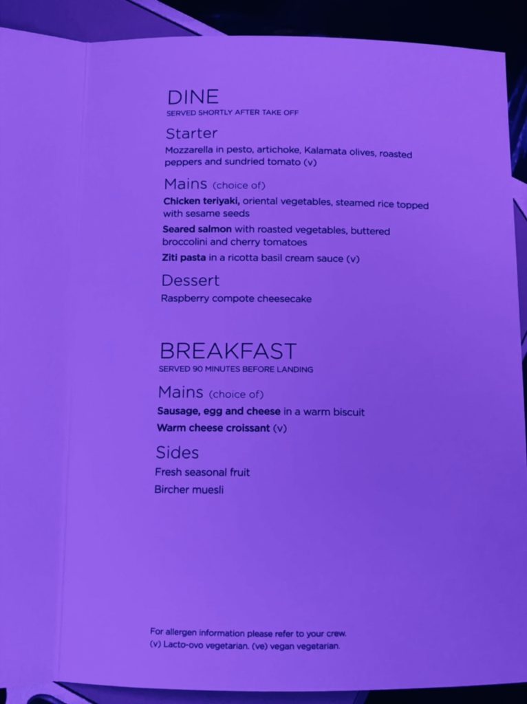 Menu - Virgin Atlantic premium economy