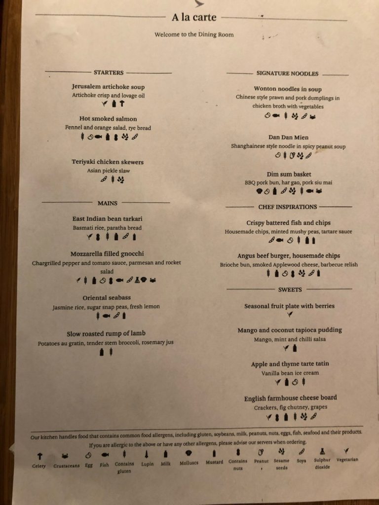 Menu in Cathay Pacific Lounge