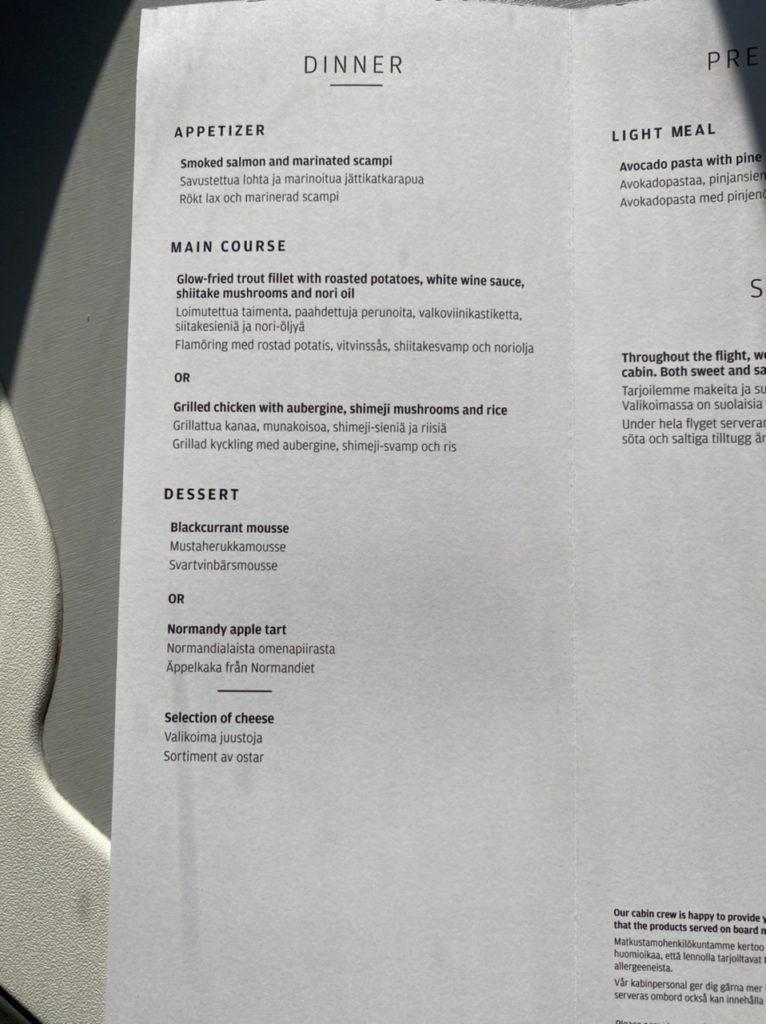 Dinner menu on Finnair A350 business class