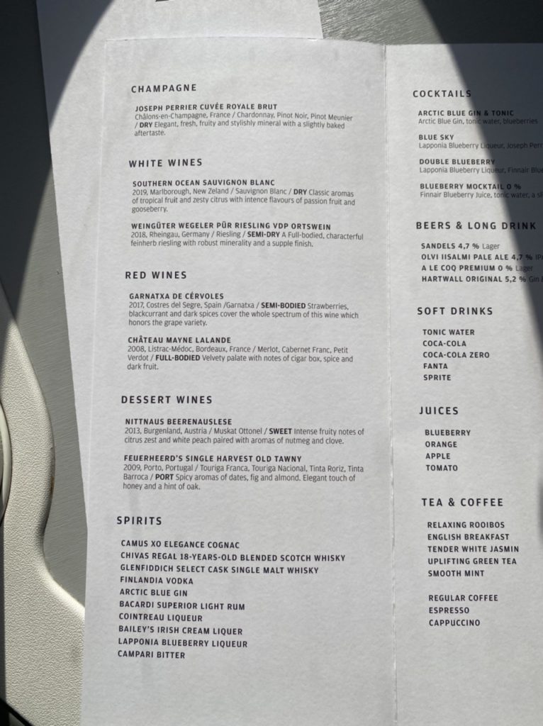 Drinks menu on Finnair A350 business class