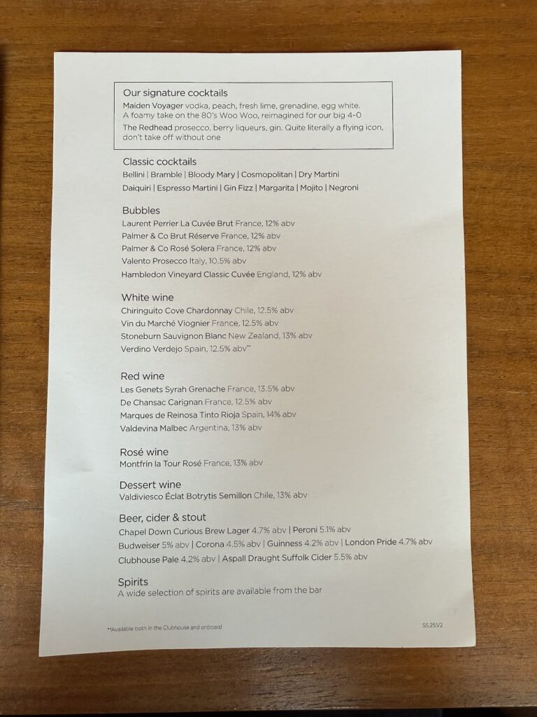 Menu in the Virgin Clubhouse