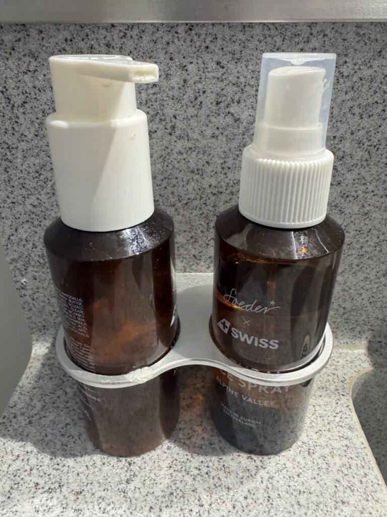 Hand soap and moisturiser in the business class washroom