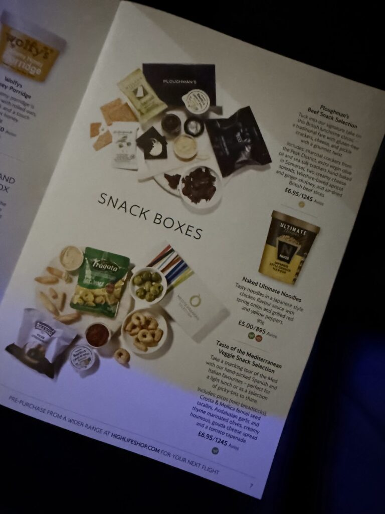 Speedbird Cafe menu card in BA economy