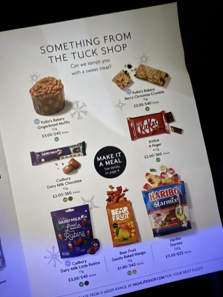 Speedbird Cafe menu card in BA economy