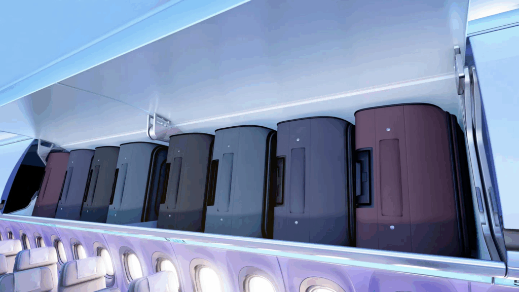Extra height overhead bins permit sideways loading of more bags