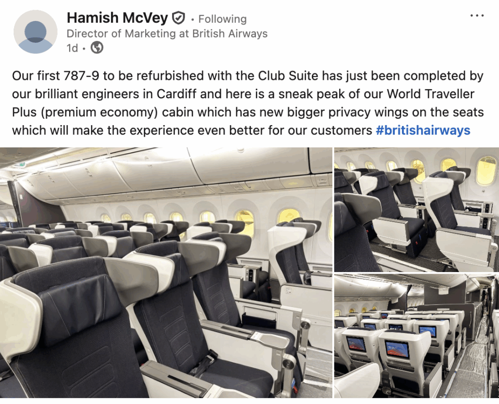 Our first 787-9 to be refurbished with the Club Suite has just been completed by our brilliant engineers in Cardiff and here is a sneak peak of our World Traveller Plus (premium economy) cabin which has new bigger privacy wings on the seats which will make the experience even better for our customers hashtag#britishairways