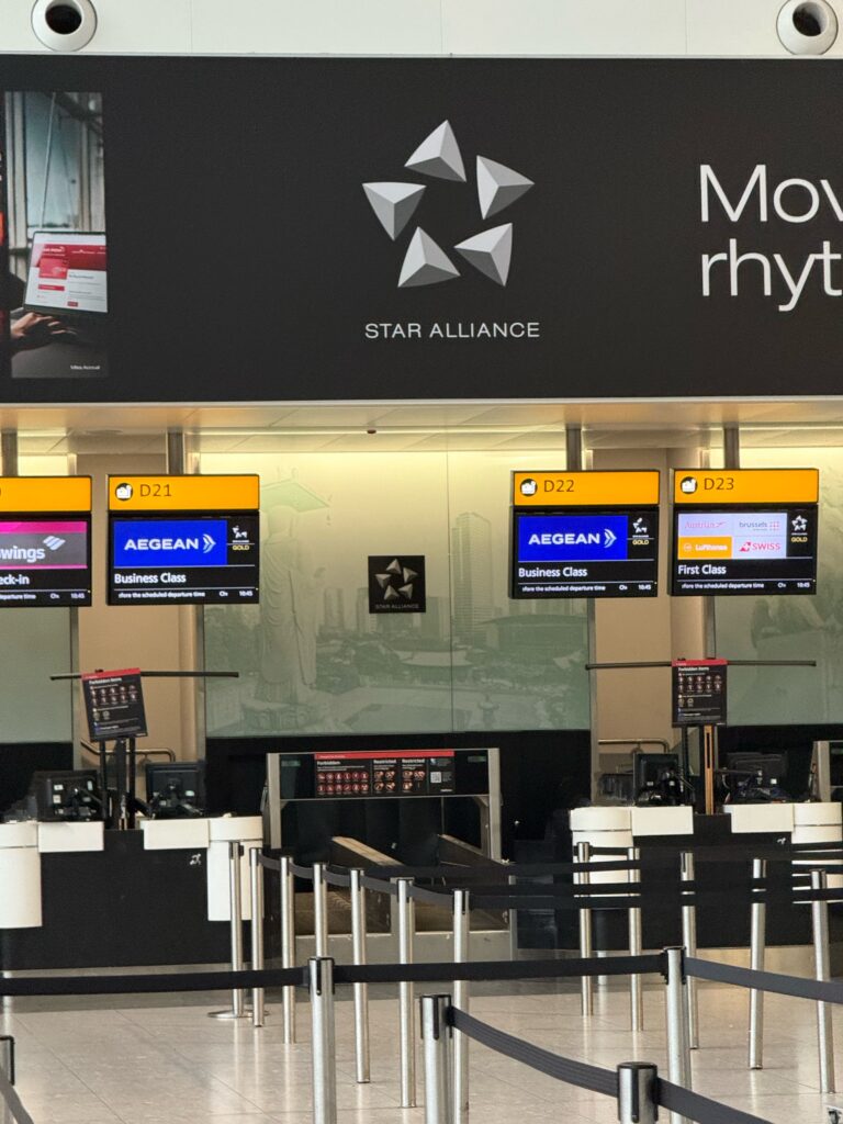 Aegean business class check-in at Heathrow