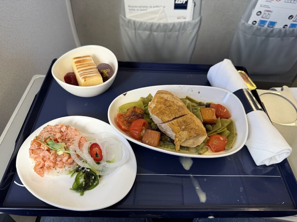 Meal served on a tray on LOT European Business Class