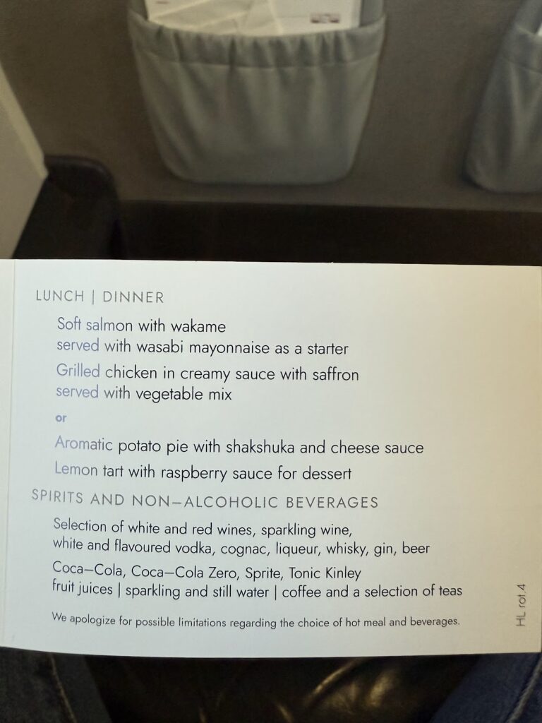 Menu card on LOT Business Class
