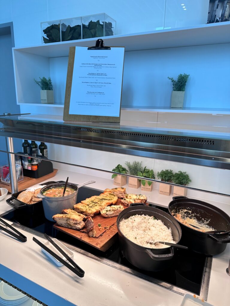Hot buffet options in the Lufthansa Lounge