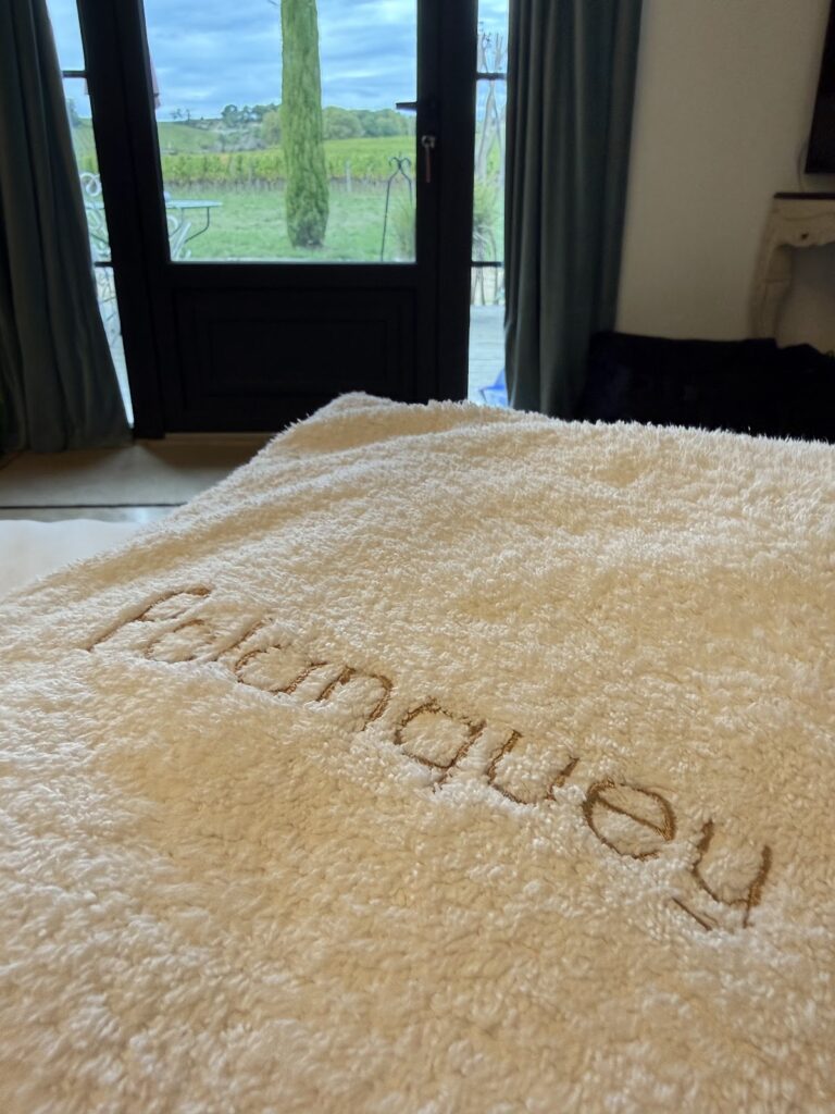 Branded towels at Chateau du Palanquey