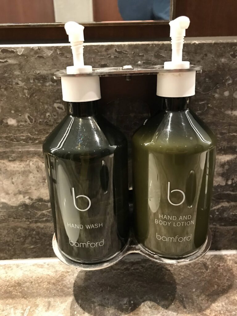 Bamford toiletries in Cathay Pacific Lounge Heathrow