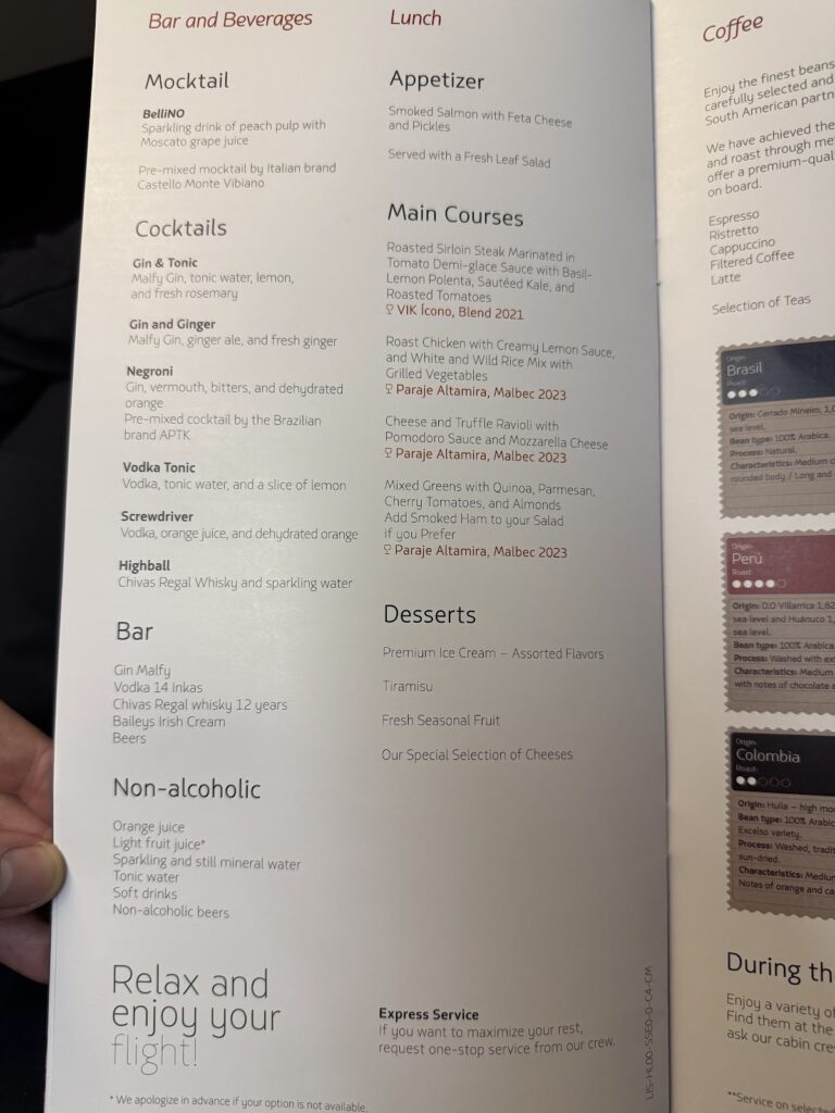 Menu card - LATAM 777 Premium Business