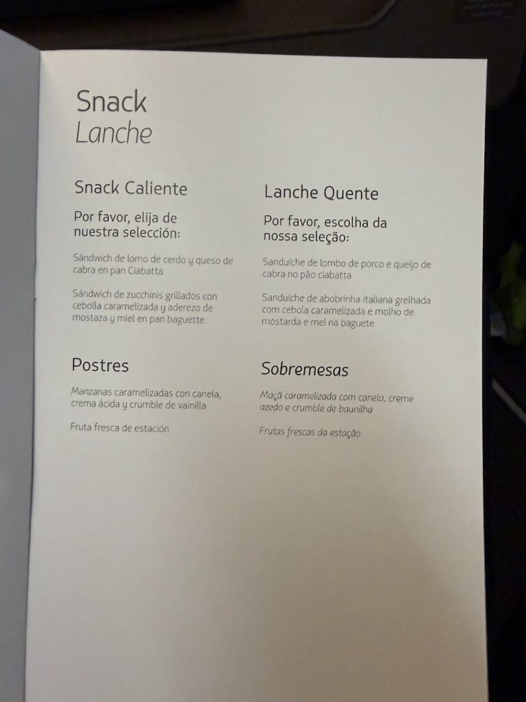 Snack menu options on LATAM Premium Business