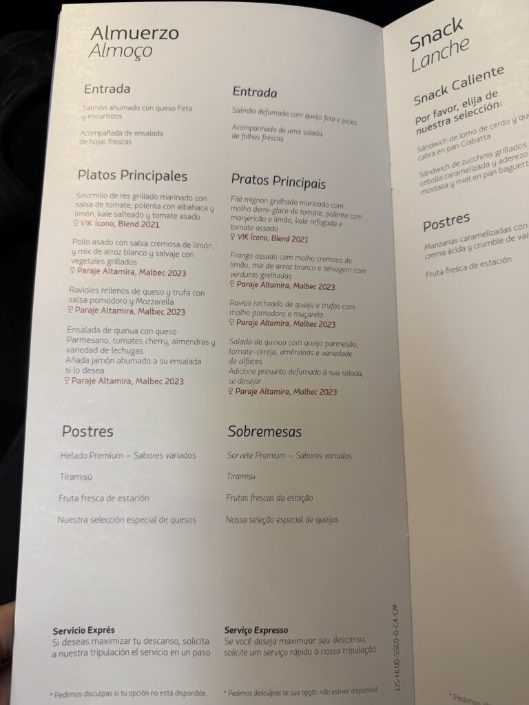Menu card - LATAM 777 Premium Business