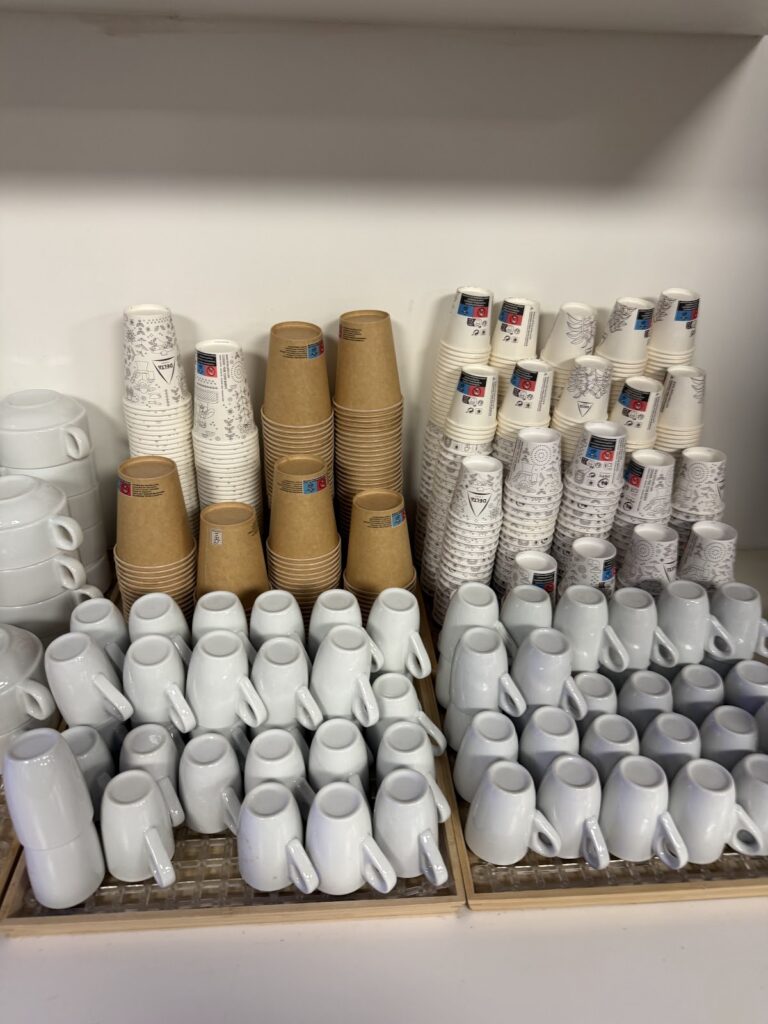 Coffee cups in ANA Lounge Lisbon Airport