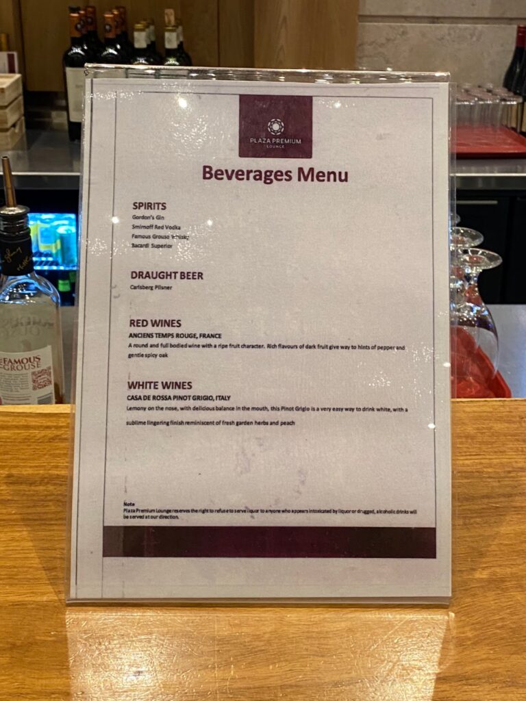 Alcoholic drink options in Plaza Premium Heathrow Terminal 2