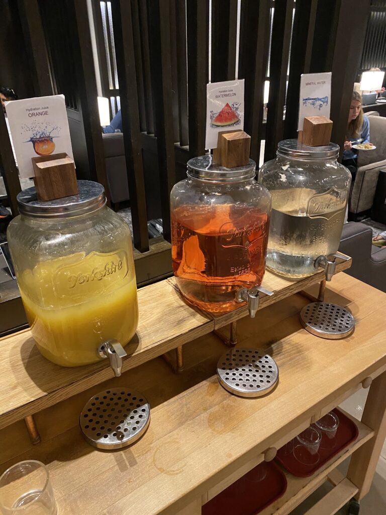 Juices and water in Plaza Premium Heathrow Terminal 2