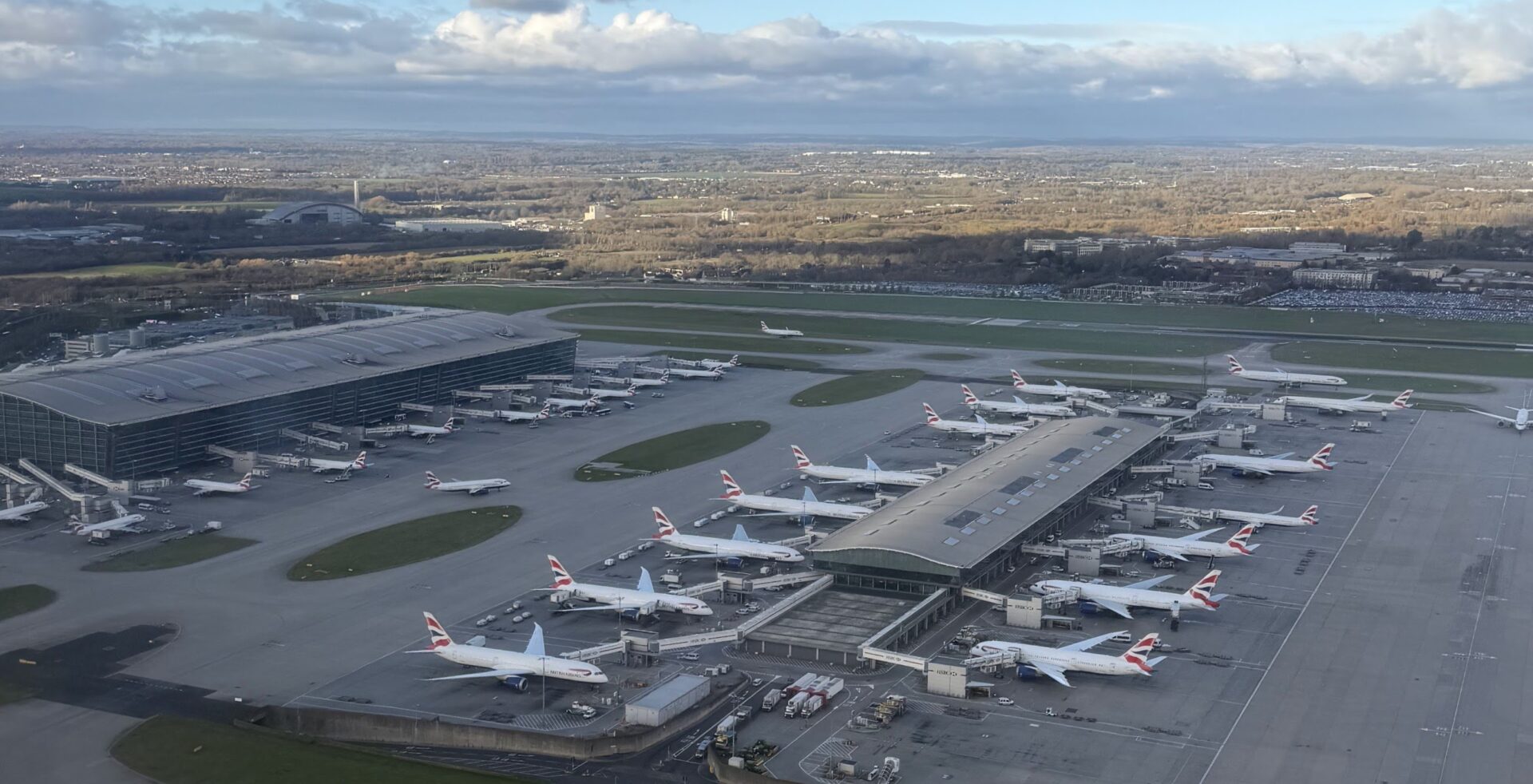 Aerial view of Heathrow airport terminals and runways