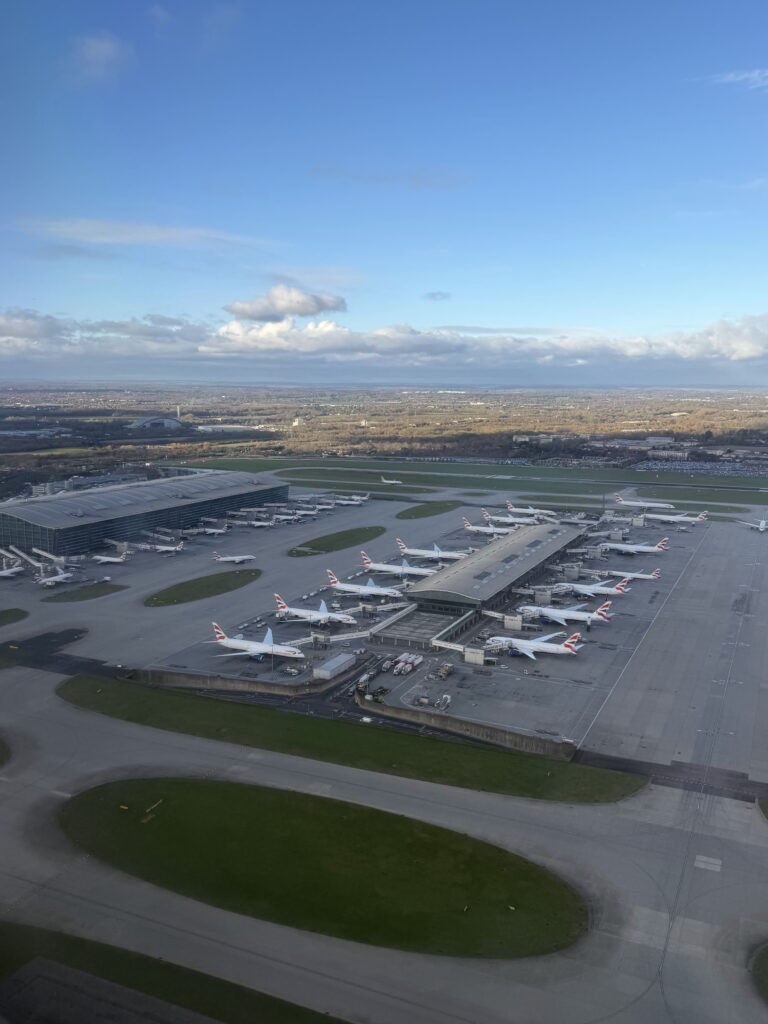Aerial view of Heathrow airport terminals and runways