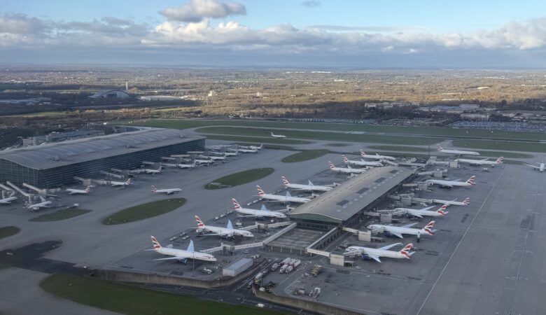 Aerial view of Heathrow airport terminals and runways