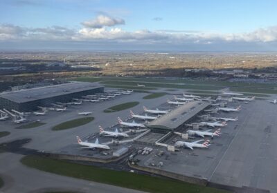 Aerial view of Heathrow airport terminals and runways