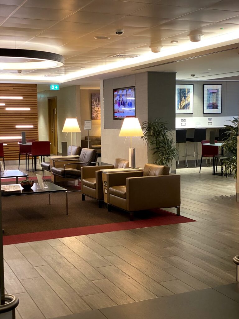 Lounge seating in the American Airlines Arrivals Lounge Heathrow