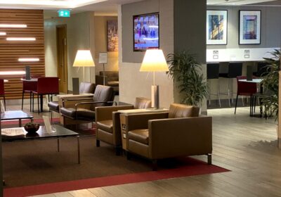 Lounge seating in the American Airlines Arrivals Lounge Heathrow