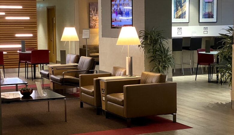 Lounge seating in the American Airlines Arrivals Lounge Heathrow