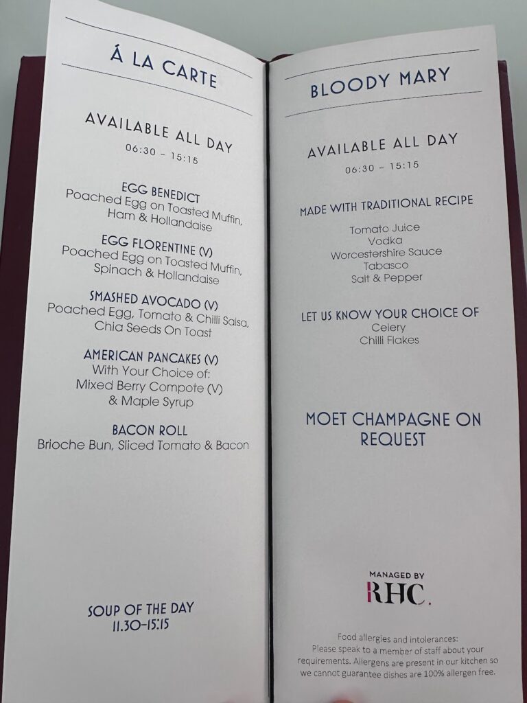 A la carte menu in the American Airlines Arrivals Lounge