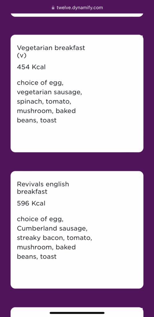 Food menu in Virgin Atlantic Revivals Lounge