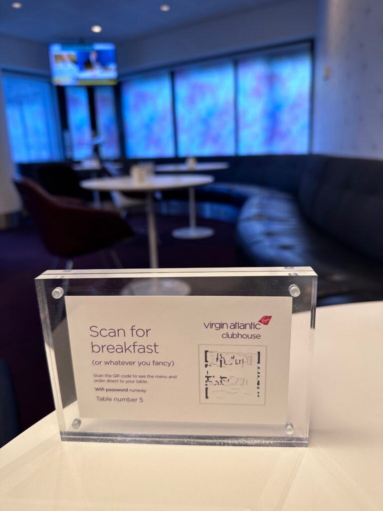 QR online food ordering in the Virgin Atlantic Arrivals Lounge Heathrow