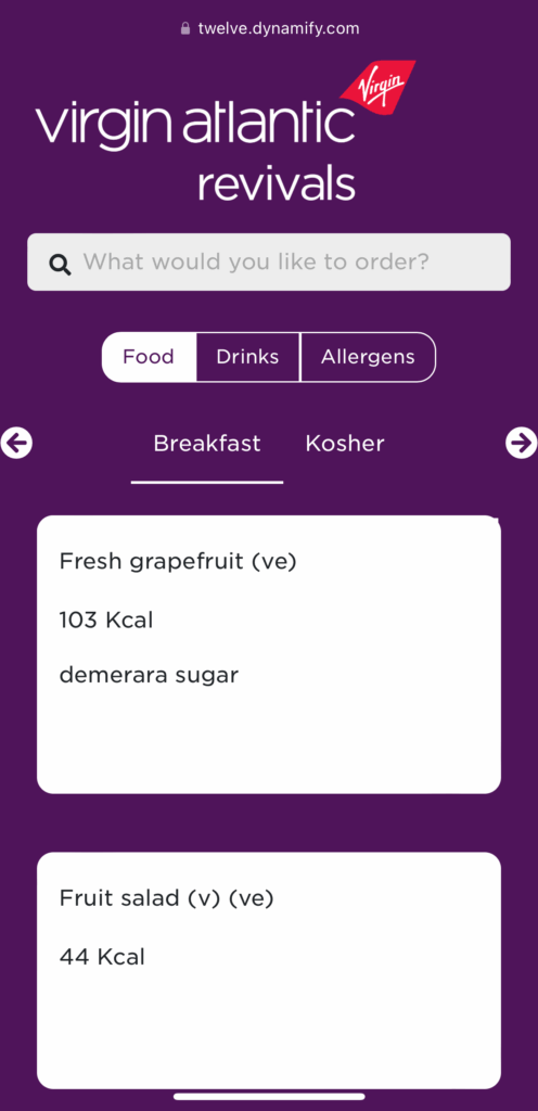 Food menu in Virgin Atlantic Revivals Lounge