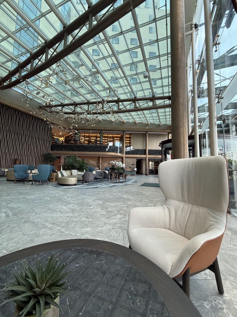 The airy lobby at Hilton Sofia