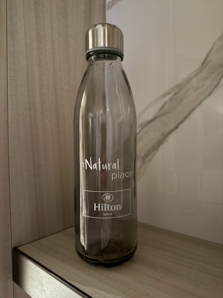 Refillable water bottle in the room at Hilton Sofia