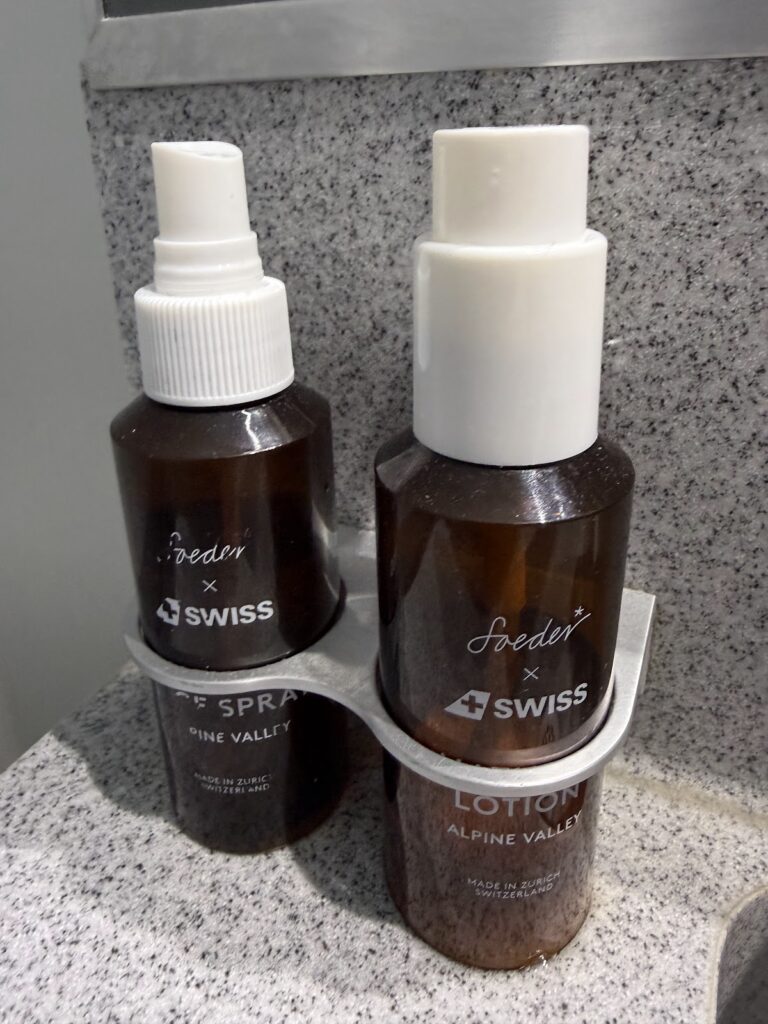 Amenities in the washroom on Swiss A220-300 Business Class