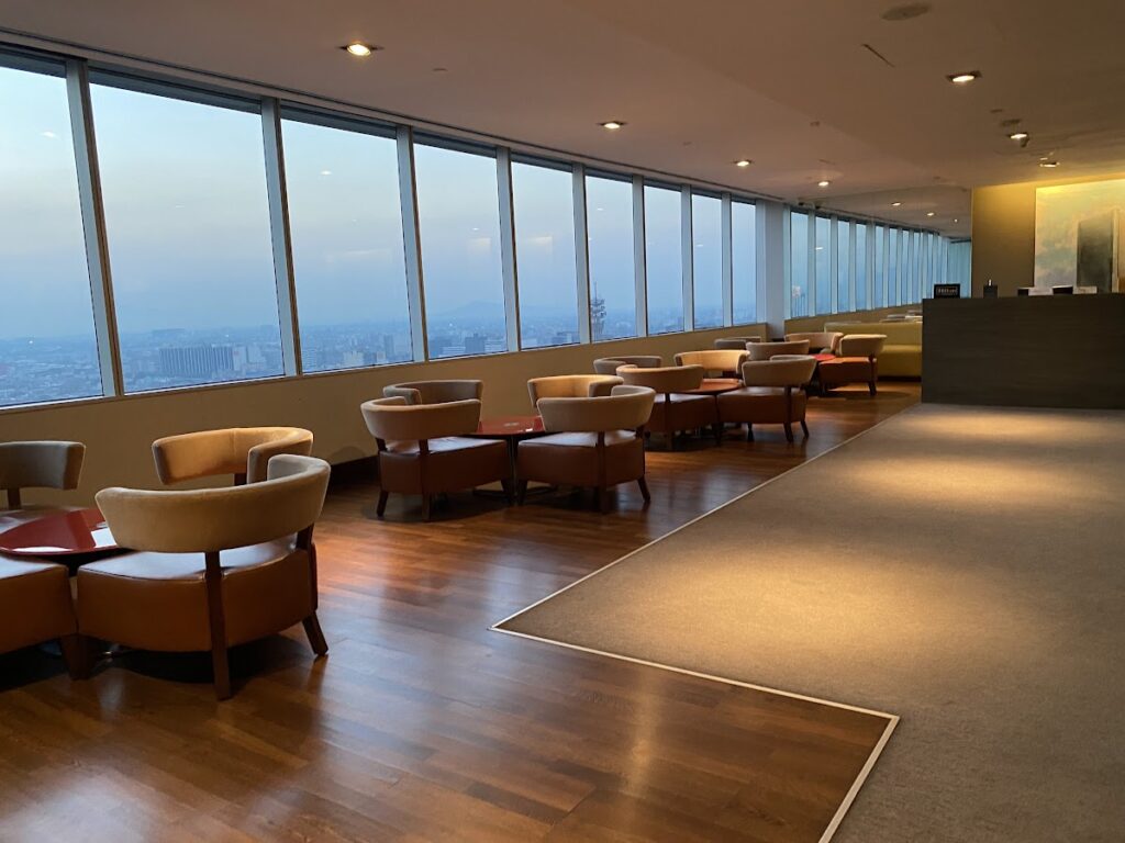Executive lounge seating with panoramic city views