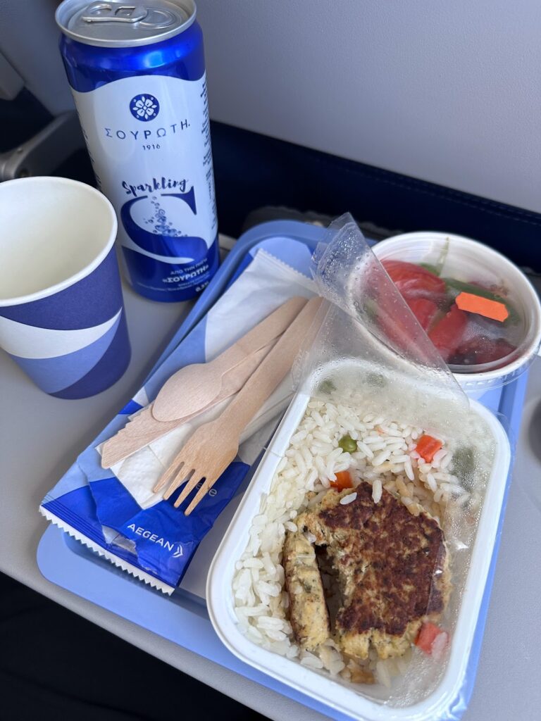Aegean A321neo Economy ComfortFlex complimentary meal with rice