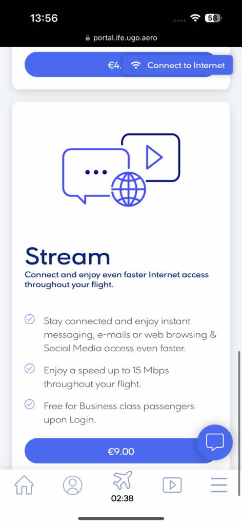 Aegean inflight Wi-Fi portal Stream package at €9