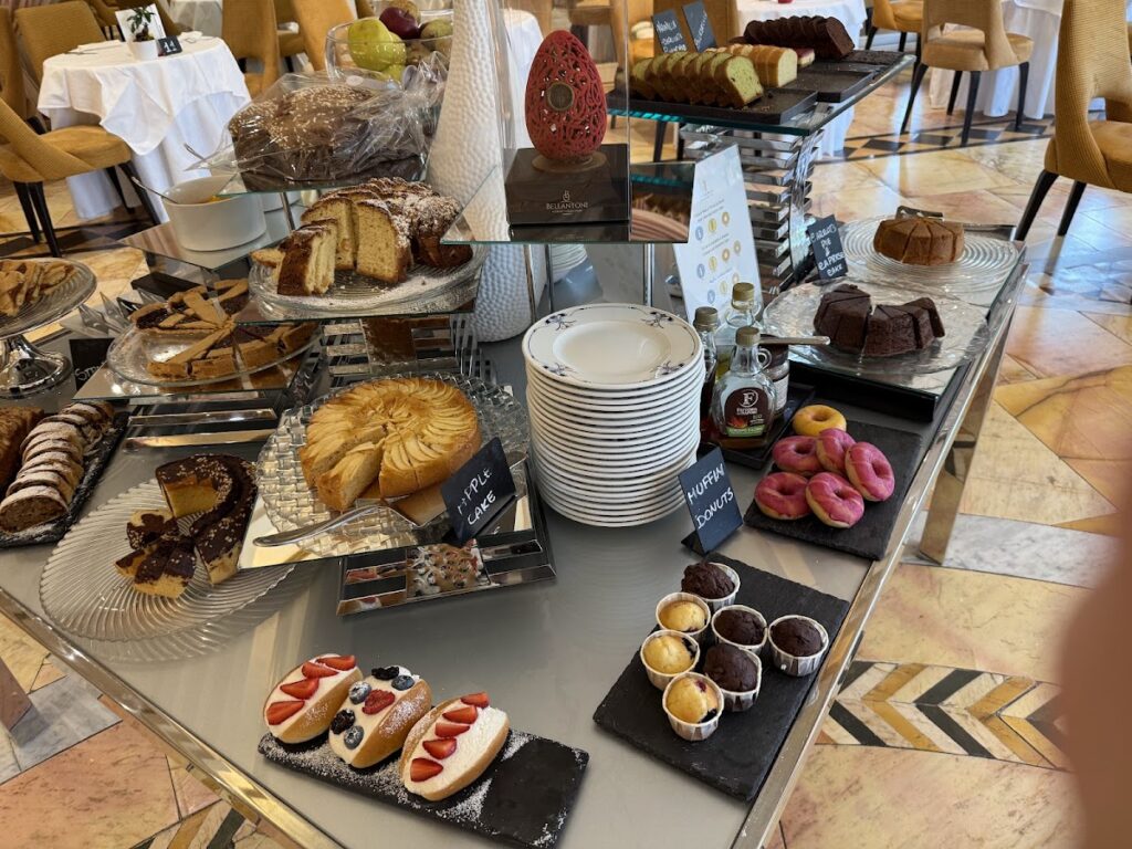 Pastry and cake buffet at breakfast