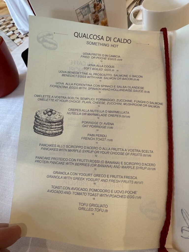 Parco dei Principi Hotel Rome breakfast menu page