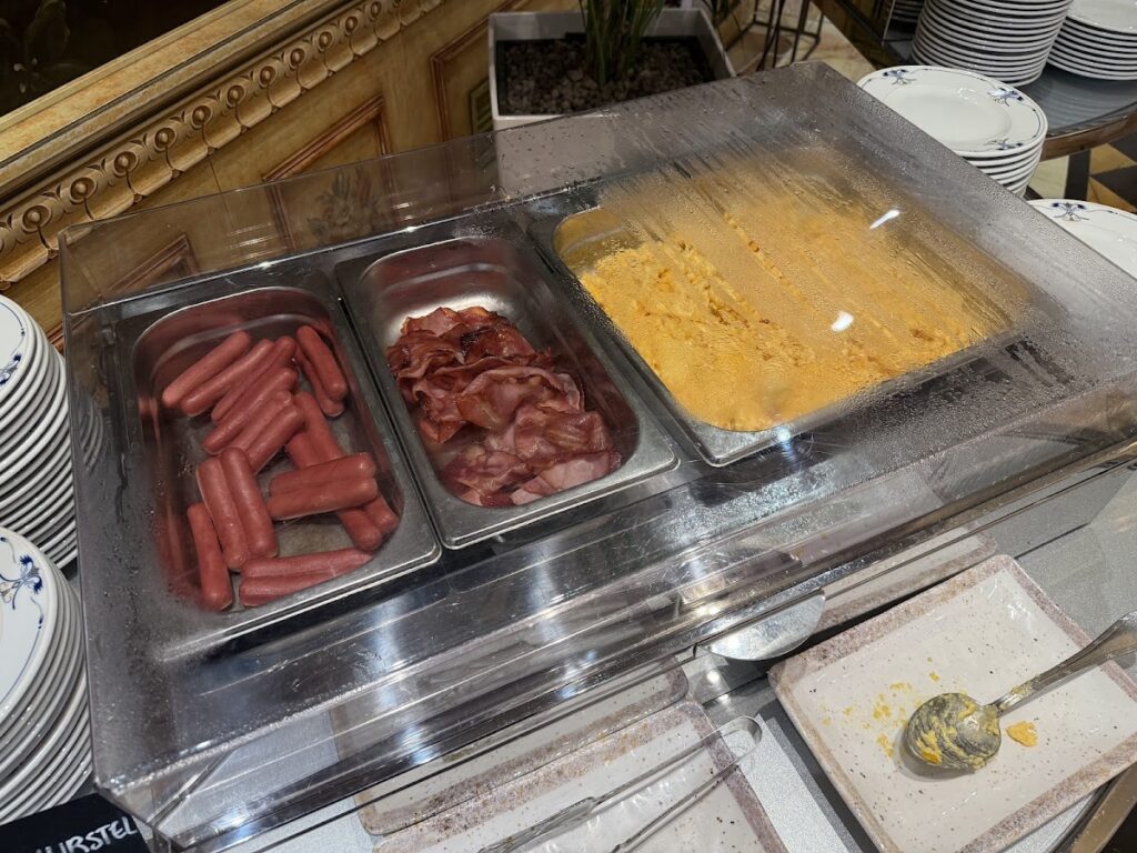 Breakfast buffet hot dishes at the hotel