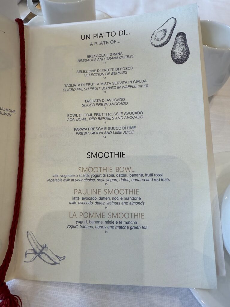 Breakfast menu at Parco dei Principi Hotel Rome