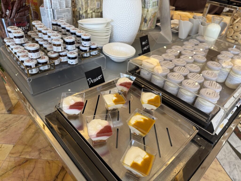 Dessert and yogurt buffet at breakfast