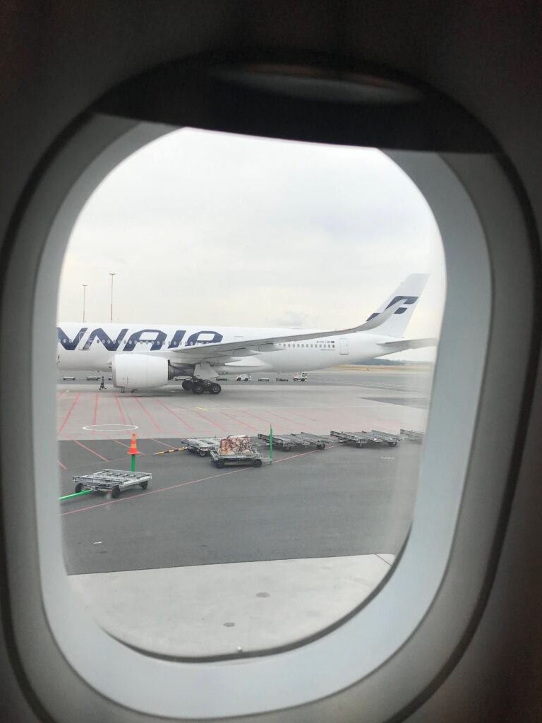Finnair aircraft on the tarmac taken from a BA cabin